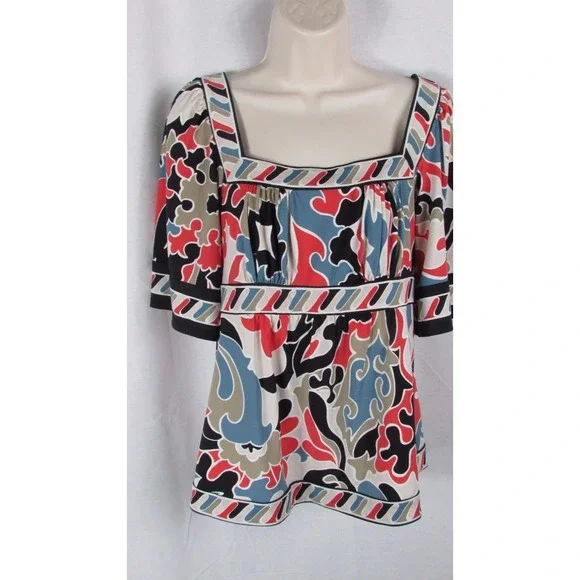 BCBG maxazria S black orange blue print top blouse women's Small - Picture 2 of 5